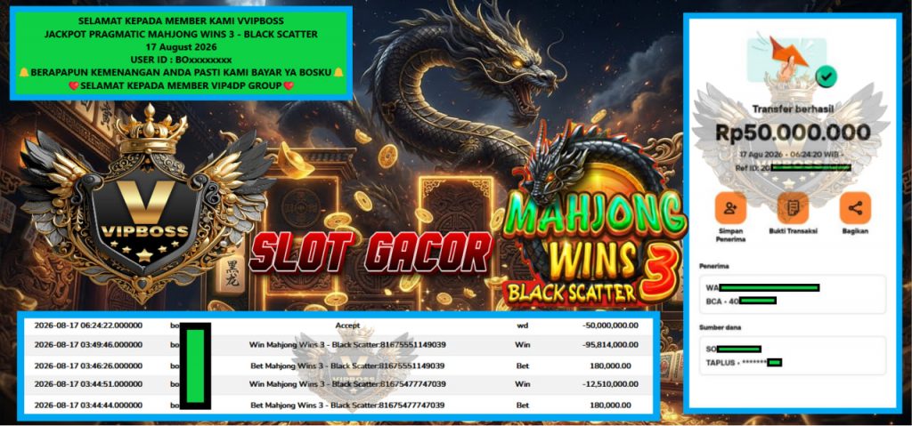 VVIPBOSS JACKPOT PRAGMATIC MAHJONG WINS 3 – BLACK SCATTER Rp 100.000.000,- LUNAS