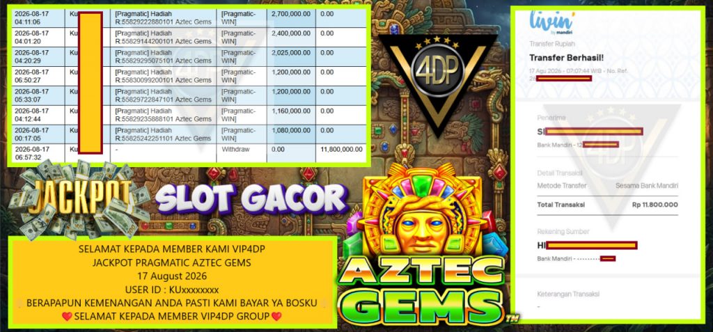 VIP4DP JACKPOT PRAGMATIC AZTEC GEMS Rp 11.800.000,- LUNAS