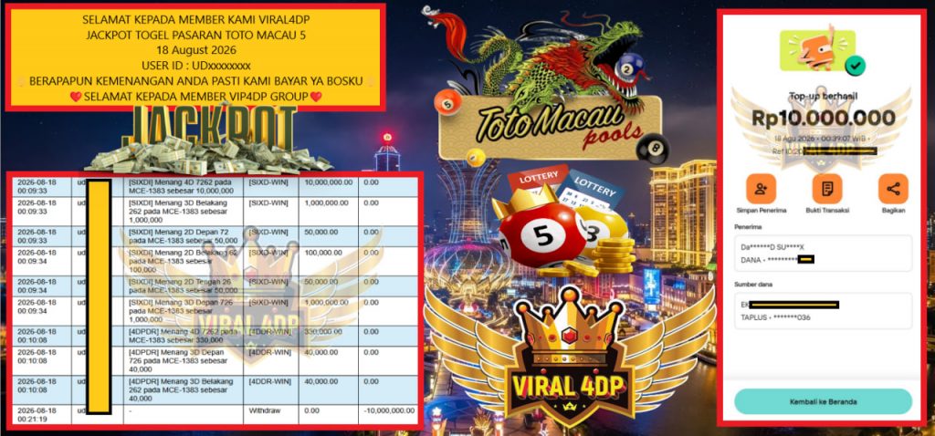 VIRAL4DP JACKPOT TOGEL PASARAN TOTO MACAU 5 Rp 10.000.000,- LUNAS