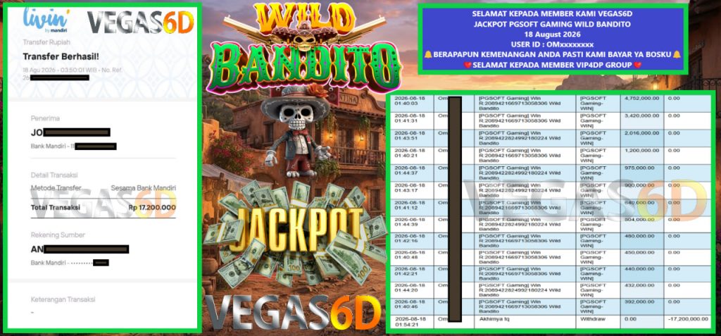 VEGAS6D JACKPOT PGSOFT GAMING WILD BANDITO Rp 17.200.000,- LUNAS