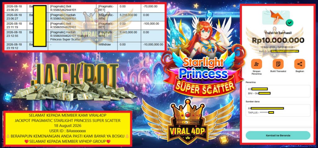 VIRAL4DP JACKPOT PRAGMATIC STARLIGHT PRINCESS SUPER SCATTER Rp 10.000.000,- LUNAS