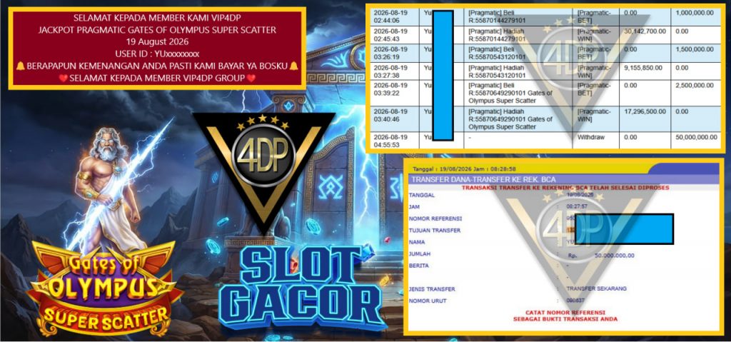 VIP4DP JACKPOT PRAGMATIC GATES OF OLYMPUS SUPER SCATTER Rp 50.000.000,- LUNAS