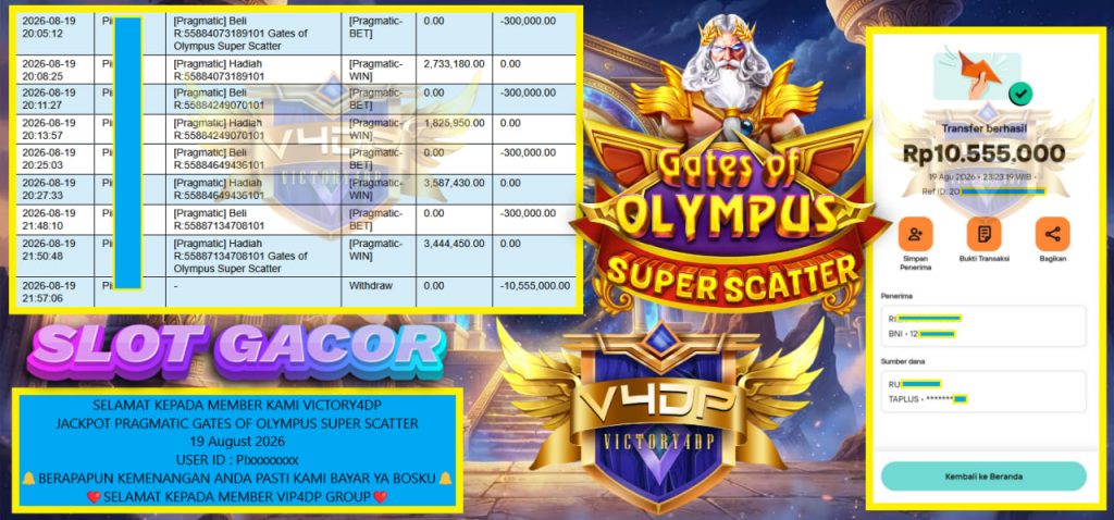 VICTORY4DP JACKPOT PRAGMATIC GATES OF OLYMPUS SUPER SCATTER Rp 10.555.000,- LUNAS