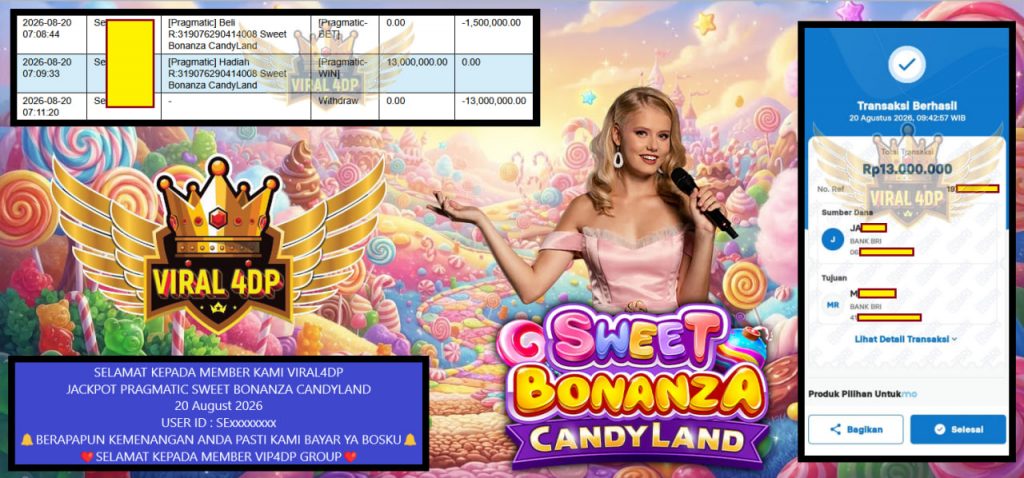 VIRAL4DP JACKPOT PRAGMATIC SWEET BONANZA CANDYLAND Rp 13.000.000,- LUNAS