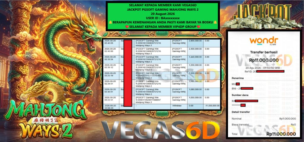 VEGAS6D JACKPOT PGSOFT GAMING MAHJONG WAYS 2 Rp 11.000.000,- LUNAS