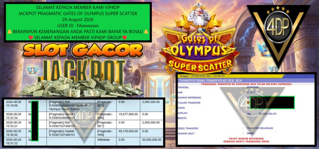 VIP4DP JACKPOT PRAGMATIC GATES OF OLYMPUS SUPER SCATTER Rp 85.000.000,- LUNAS