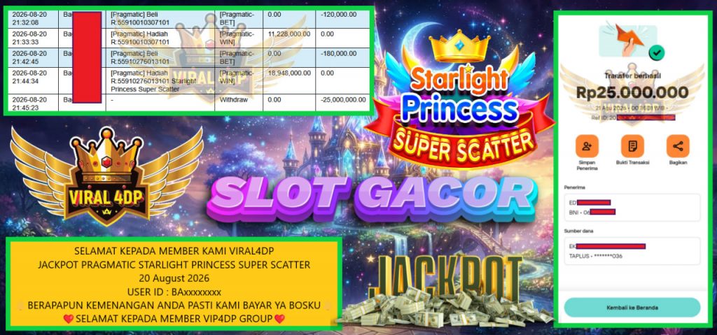 VIRAL4DP JACKPOT PRAGMATIC STARLIGHT PRINCESS SUPER SCATTER Rp 25.000.000,- LUNAS