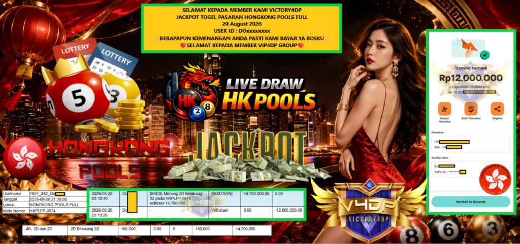 VICTORY4DP JACKPOT TOGEL PASARAN HONGKONG POOLS FULL Rp 12.000.000,- LUNAS