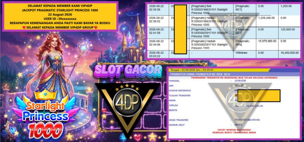VIP4DP JACKPOT PRAGMATIC STARLIGHT PRINCESS 1000 Rp 16.450.000,- LUNAS