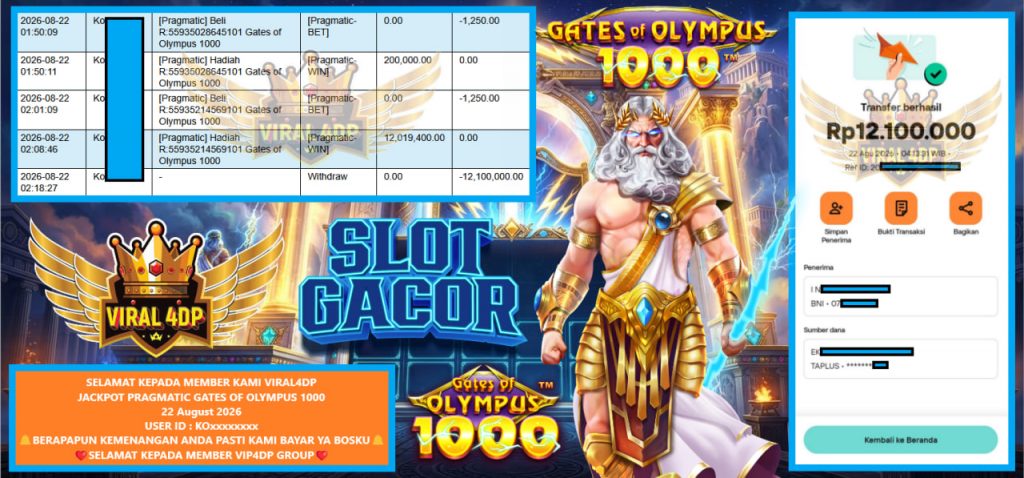 VIRAL4DP JACKPOT PRAGMATIC GATES OF OLYMPUS 1000 Rp 12.100.000,- LUNAS