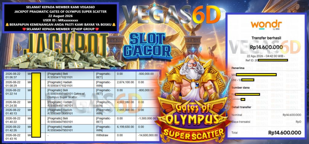 VEGAS6D JACKPOT PRAGMATIC GATES OF OLYMPUS SUPER SCATTER Rp 14.600.000,- LUNAS