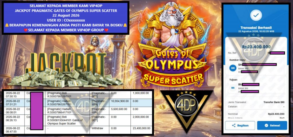 VIP4DP JACKPOT PRAGMATIC GATES OF OLYMPUS SUPER SCATTER Rp 23.400.000,- LUNAS