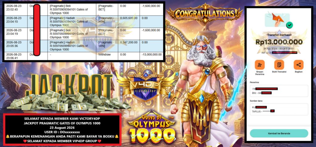 VICTORY4DP JACKPOT PRAGMATIC GATES OF OLYMPUS 1000 Rp 13.000.000,- LUNAS