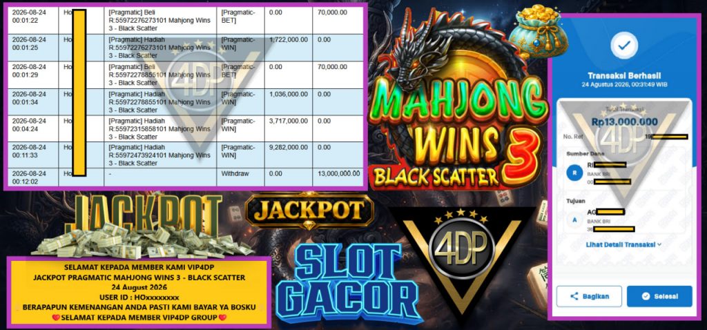 VIP4DP JACKPOT PRAGMATIC MAHJONG WINS 3 – BLACK SCATTER Rp 13.000.000,- LUNAS