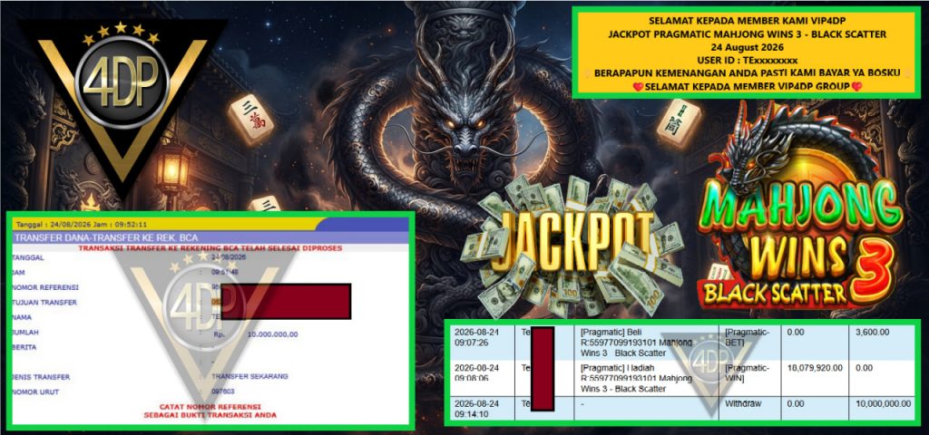 VIP4DP JACKPOT PRAGMATIC MAHJONG WINS 3 – BLACK SCATTER Rp 10.000.000,- LUNAS