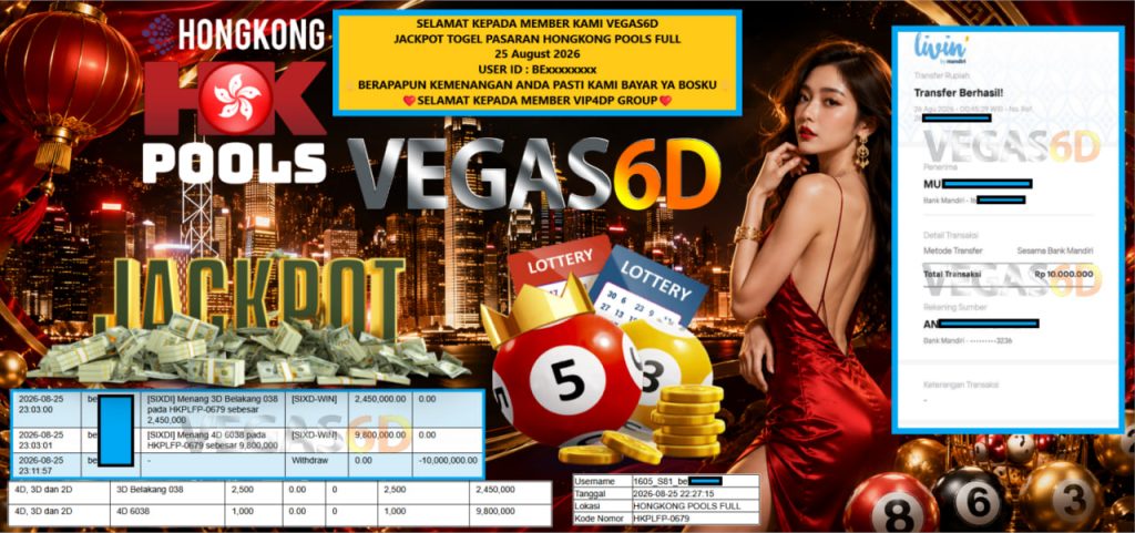 VEGAS6D JACKPOT TOGEL PASARAN HONGKONG POOLS FULL Rp 10.000.000,- LUNAS