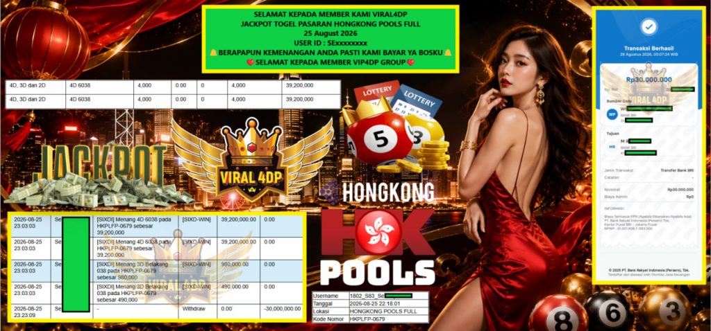 VIRAL4DP JACKPOT TOGEL PASARAN HONGKONG POOLS FULL Rp 60.000.000,- LUNAS