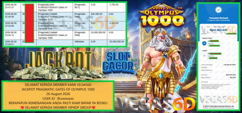 VEGAS6D JACKPOT PRAGMATIC GATES OF OLYMPUS 1000 Rp 25.000.000,- LUNAS