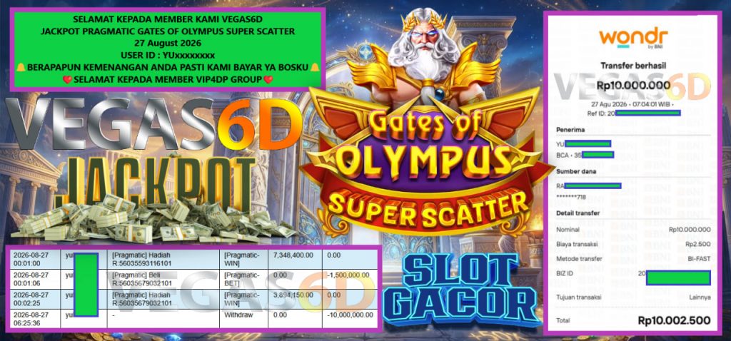 VEGAS6D JACKPOT PRAGMATIC GATES OF OLYMPUS SUPER SCATTER Rp 10.000.000,- LUNAS