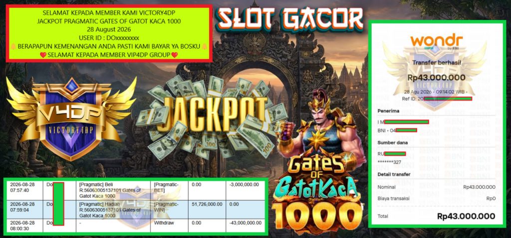 VICTORY4DP JACKPOT PRAGMATIC GATES OF GATOT KACA 1000 Rp 47.000.000,- LUNAS