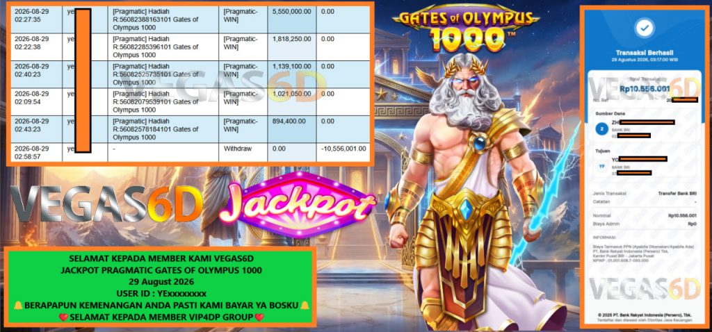 VEGAS6D JACKPOT PRAGMATIC GATES OF OLYMPUS 1000 Rp 10.556.001,- LUNAS