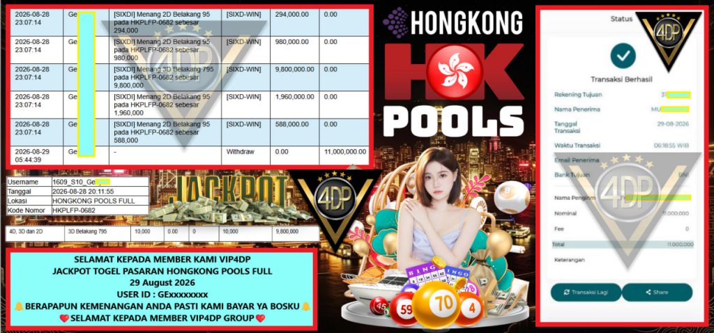 VIP4DP JACKPOT TOGEL PASARAN HONGKONG POOLS FULL Rp 11.000.000,- LUNAS