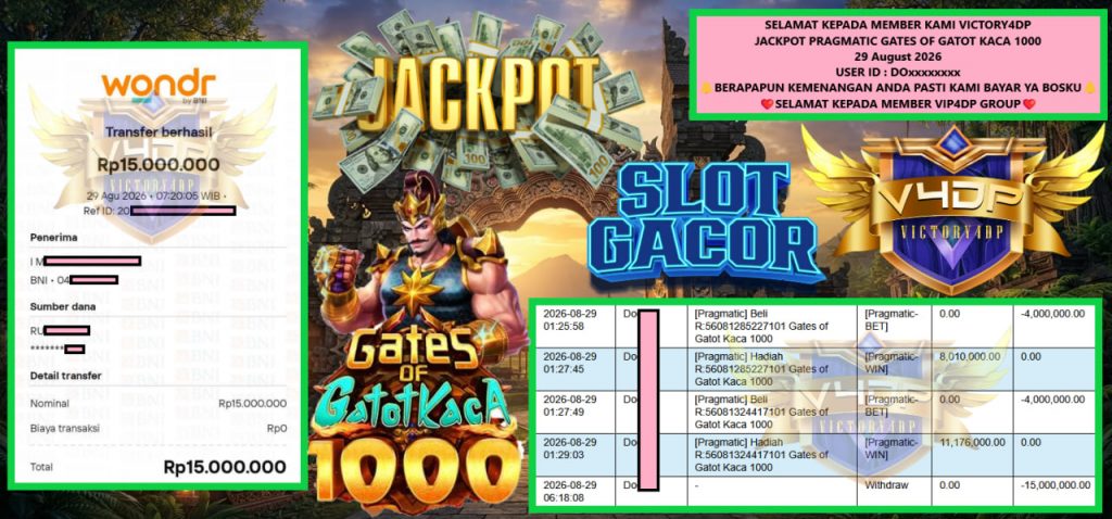VICTORY4DP JACKPOT PRAGMATIC GATES OF GATOT KACA 1000 Rp 15.000.000,- LUNAS