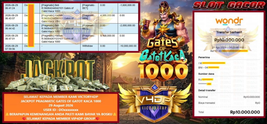 VICTORY4DP JACKPOT PRAGMATIC GATES OF GATOT KACA 1000 Rp 10.000.000,- LUNAS
