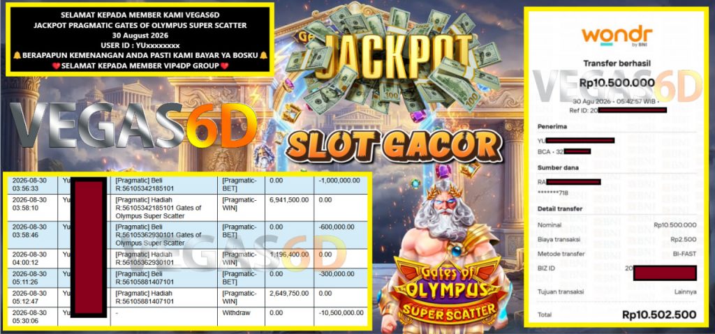 VEGAS6D JACKPOT PRAGMATIC GATES OF OLYMPUS SUPER SCATTER Rp 10.500.000,- LUNAS