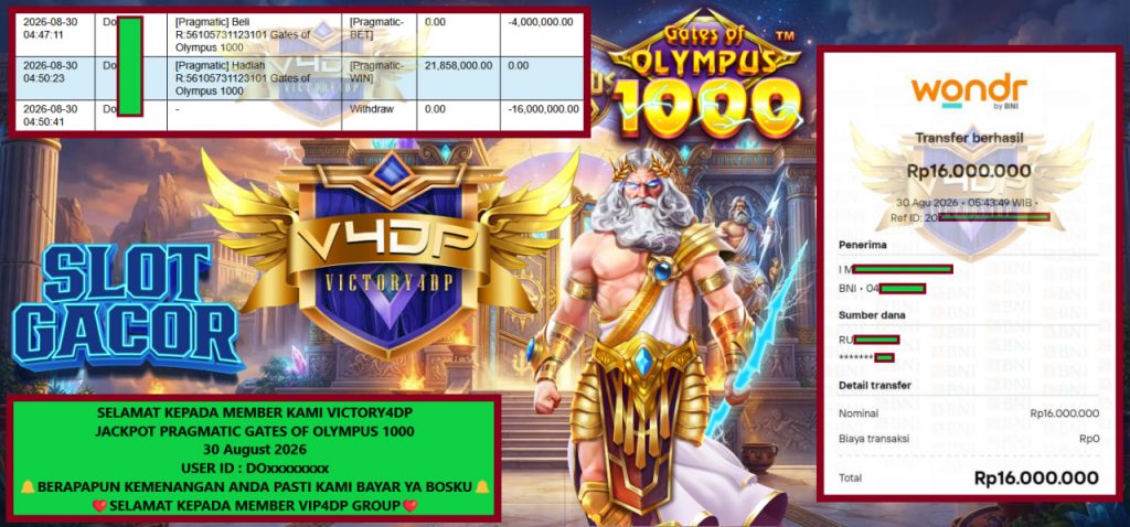 VICTORY4DP JACKPOT PRAGMATIC GATES OF OLYMPUS 1000 Rp 16.000.000,- LUNAS