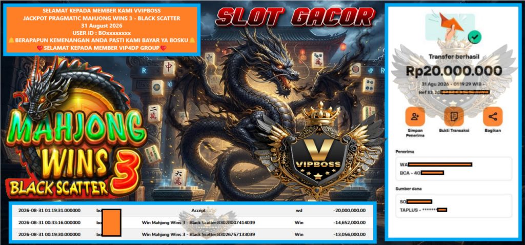 VVIPBOSS JACKPOT PRAGMATIC MAHJONG WINS 3 – BLACK SCATTER Rp 20.000.000,- LUNAS