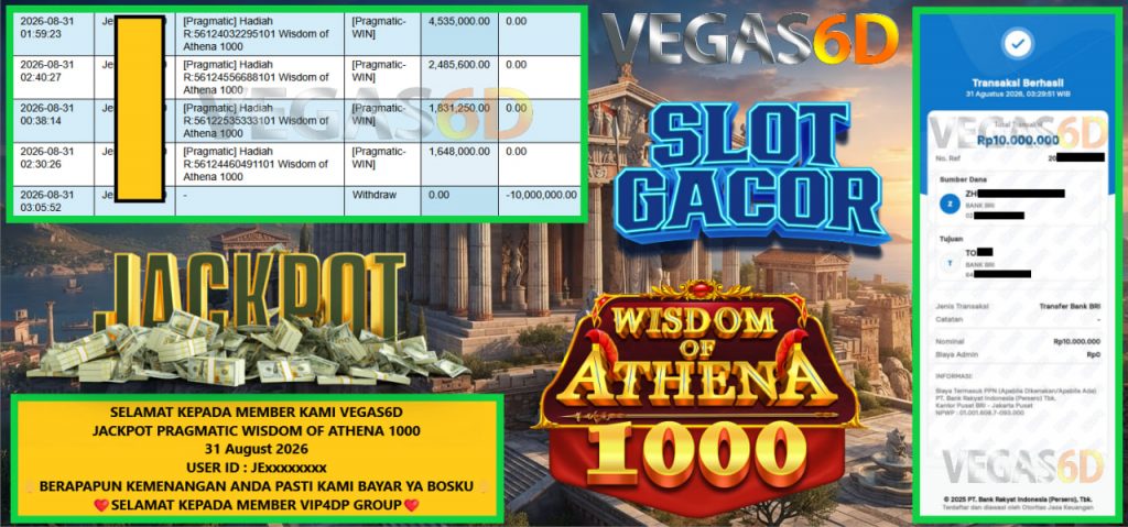 VEGAS6D JACKPOT PRAGMATIC WISDOM OF ATHENA 1000 Rp 10.000.000,- LUNAS