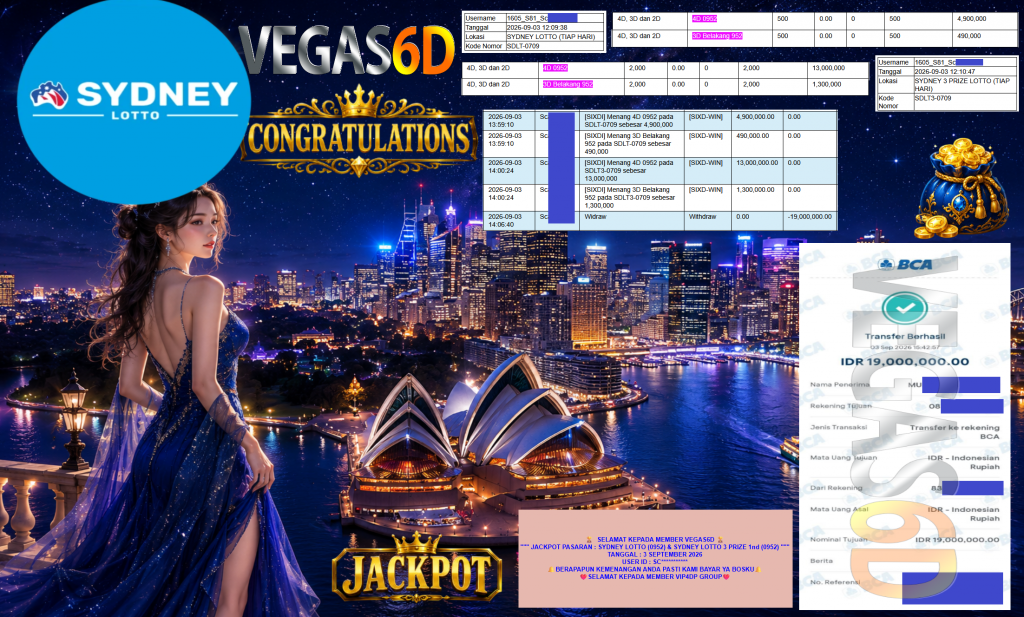 VEGAS6D JACKPOT PASARAN ” SYDNEY LOTTO (0952) & SYDNEY LOTTO 3 PRIZE 1nd (0952) ” Rp19.000.000,- LUNAS