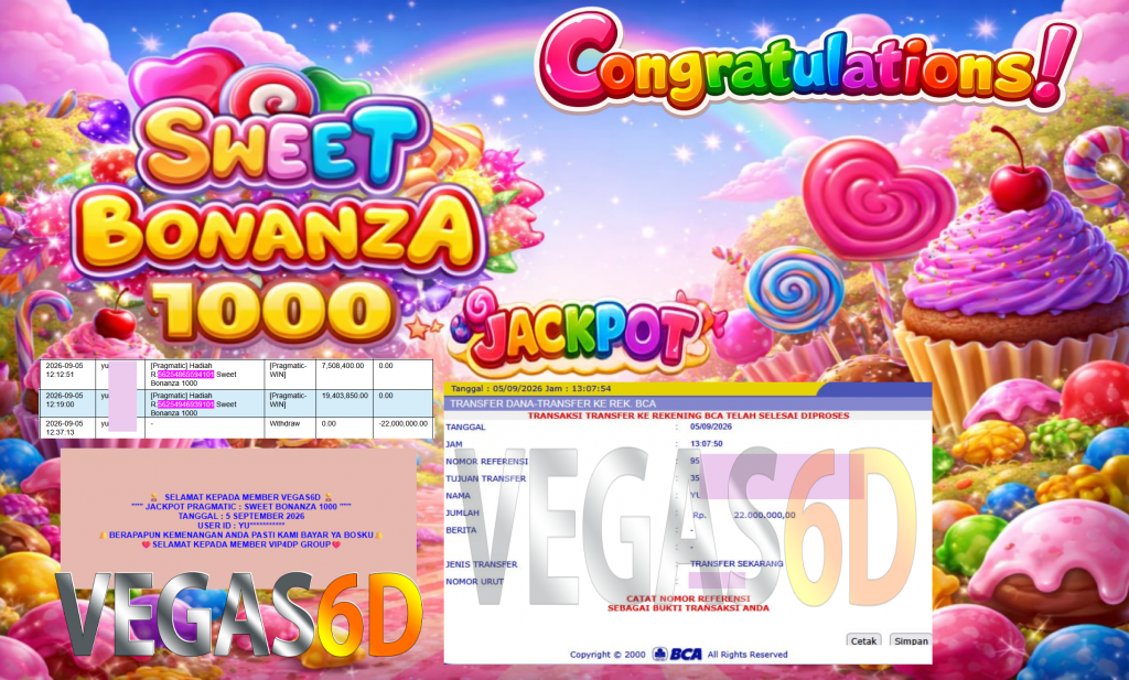 VEGAS6D JACKPOT PRAGMATIC ” SWEET BONANZA 1000 ” Rp22.000.000,- LUNAS