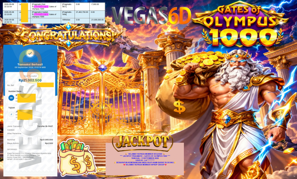 VEGAS6D JACKPOT PRAGMATIC ” GATES OF OLYMPUS 1000 ” Rp21.000.000,- LUNAS
