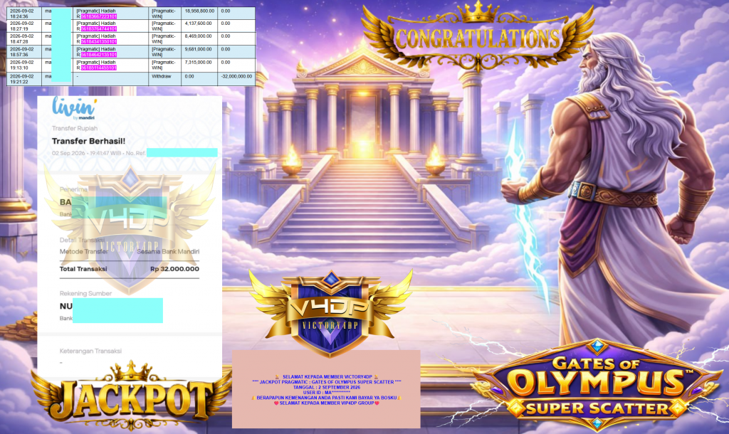 VICTORY4DP JACKPOT PRAGMATIC ” GATES OF OLYMPUS SUPER SCATTER ” Rp32.000.000,- LUNAS
