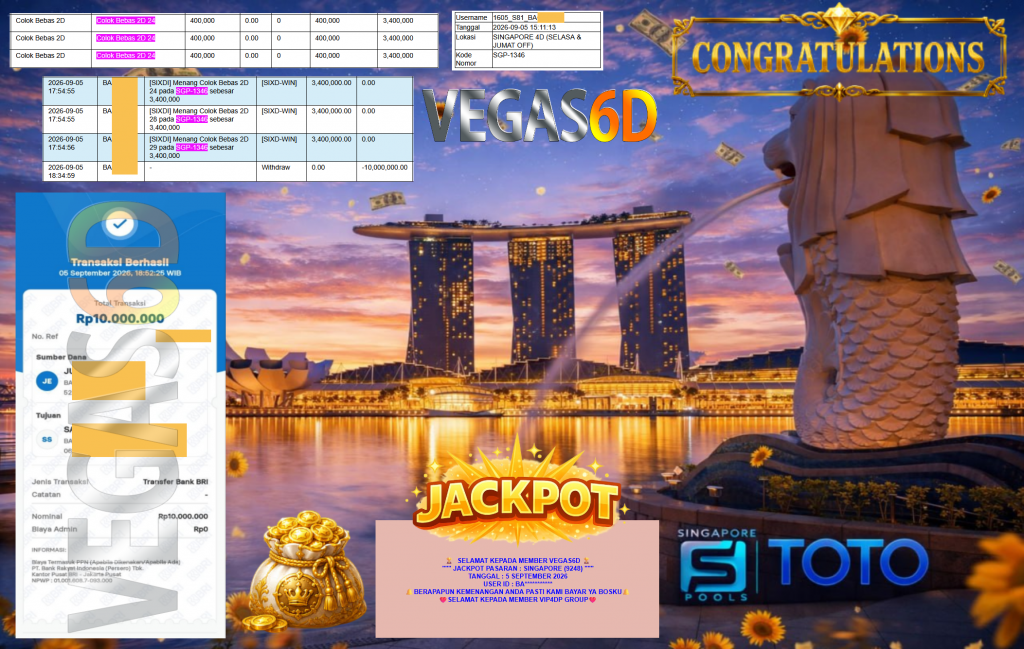 VEGAS6D JACKPOT PASARAN ” SINGAPORE (9248) ” Rp10.000.000,- LUNAS