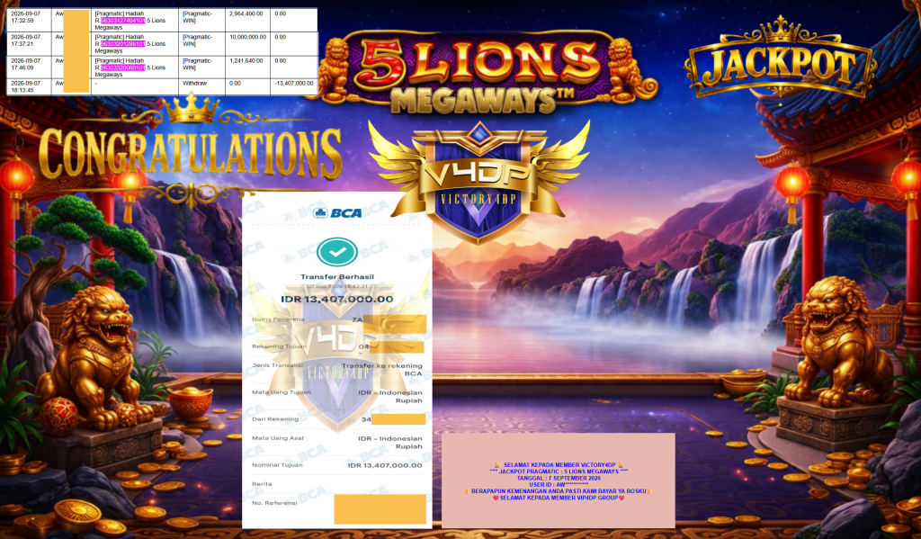 VICTORY4DP JACKPOT PRAGMATIC ” 5 LIONS MEGAWAYS ” Rp13.407.000,- LUNAS