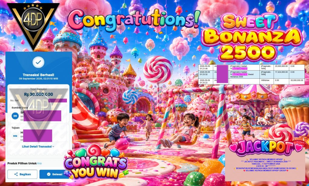 VIP4DP JACKPOT PRAGMATIC ” SWEET BONANZA 2500 ” Rp30.000.000,- LUNAS