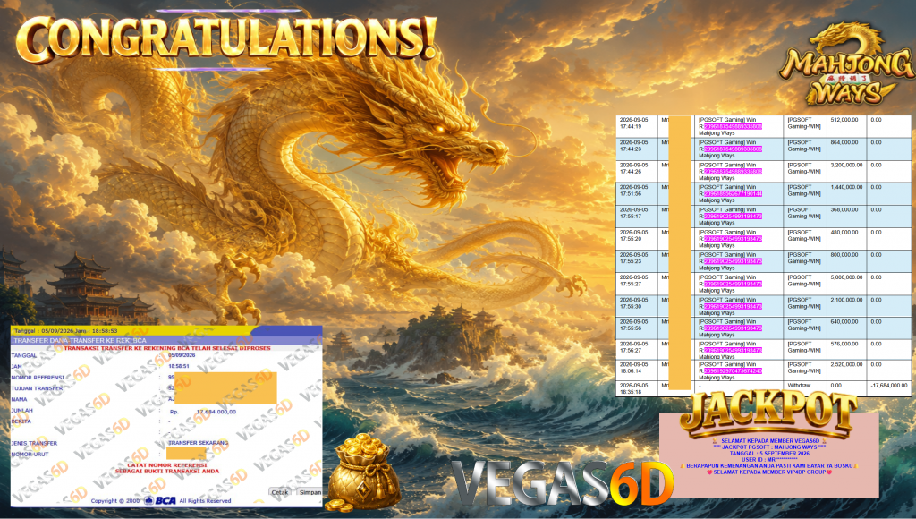 VEGAS6D JACKPOT PGSOFT ” MAHJONG WAYS ” Rp17.684.000,- LUNAS