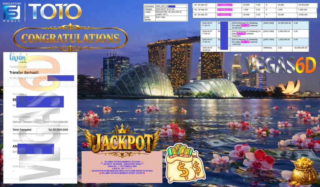 VEGAS6D JACKPOT PASARAN ” SINGAPORE (0024) ” Rp20.000.000,- LUNAS