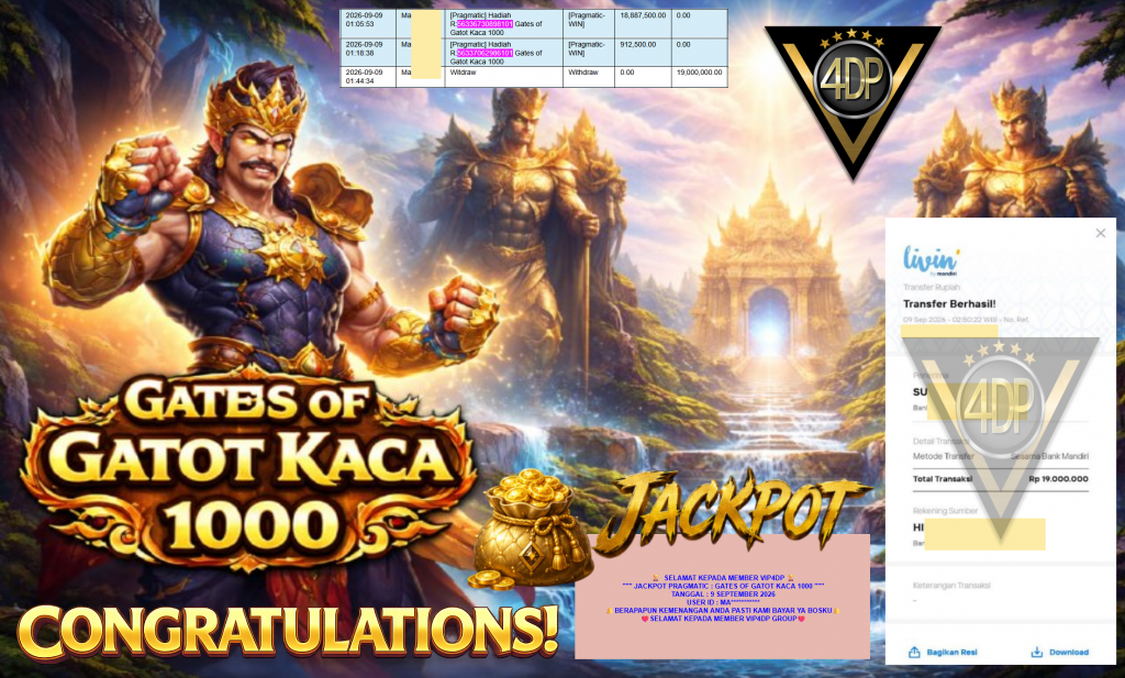 VIP4DP JACKPOT PRAGMATIC ” GATES OF GATOT KACA 1000 ” Rp19.000.000,- LUNAS
