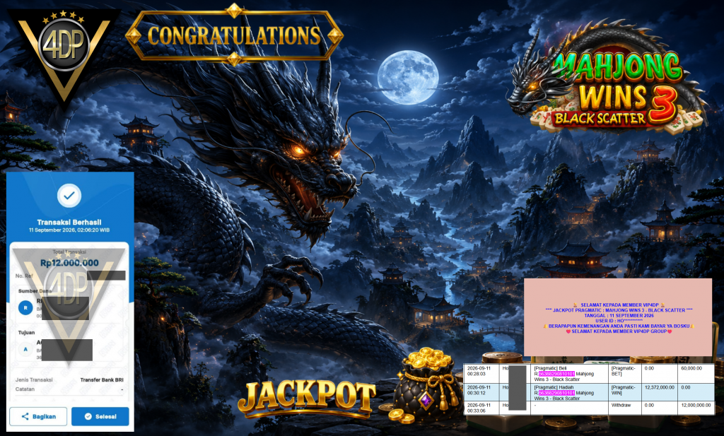 VIP4DP JACKPOT PRAGMATIC ” MAHJONG WINS 3 – BLACK SCATTER ” Rp12.000.000,- LUNAS