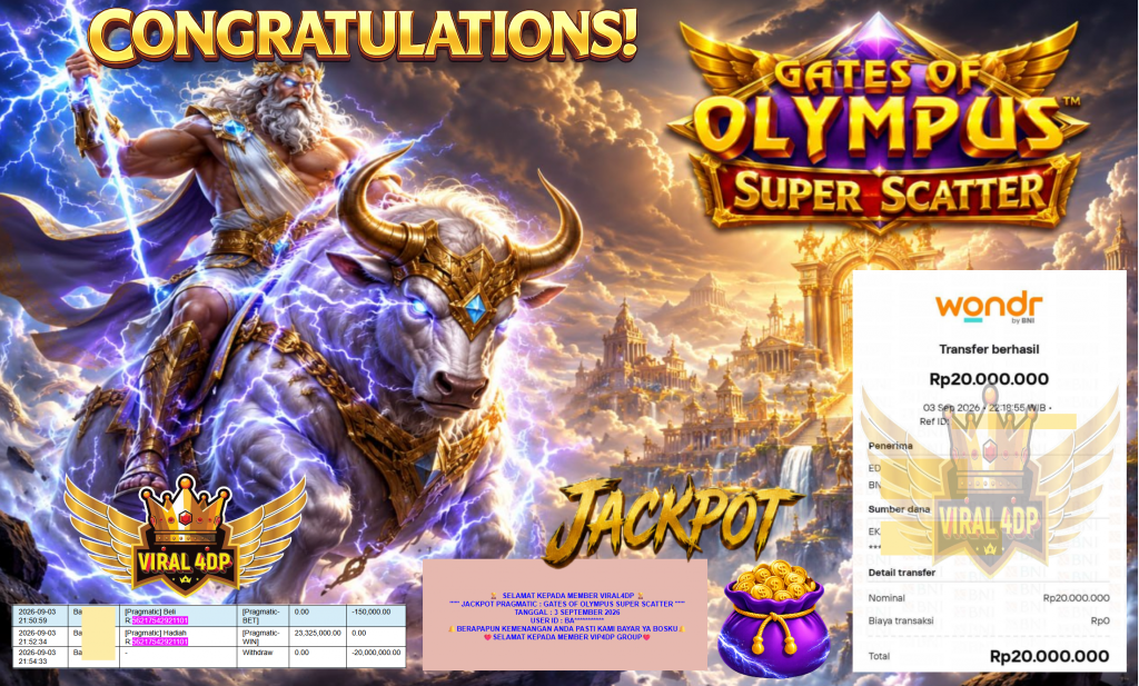 VIRAL4DP JACKPOT PRAGMATIC ” GATES OF OLYMPUS SUPER SCATTER ” Rp20.000.000,- LUNAS