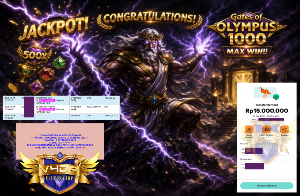 VICTORY4DP JACKPOT PRAGMATIC ” GATES OF OLYMPUS 1000 ” Rp15.000.000,- LUNAS