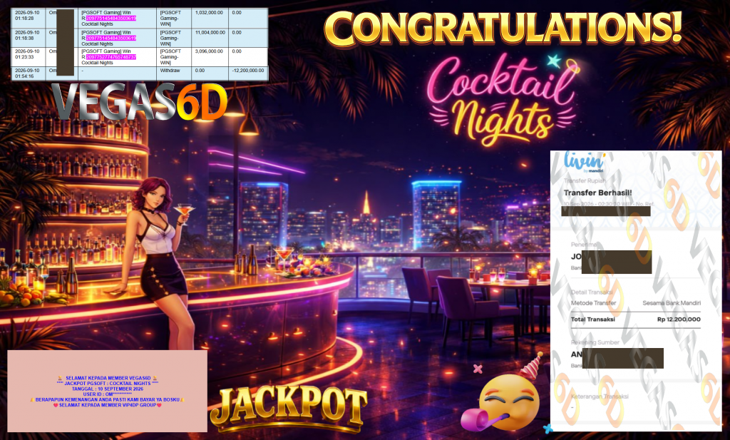 VEGAS6D JACKPOT PGSOFT ” COCKTAIL NIGHTS ” Rp12.200.000,- LUNAS