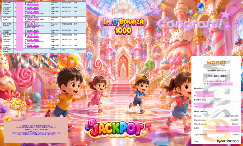 VEGAS6D JACKPOT PRAGMATIC ” SWEET BONANZA 1000 ” Rp50.000.000,- LUNAS