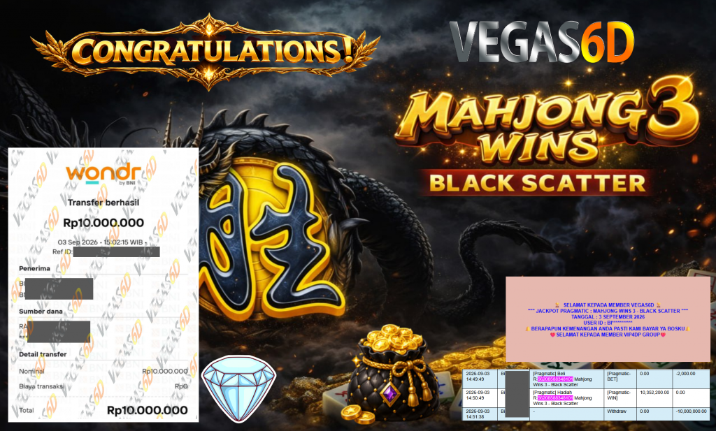 VEGAS6D JACKPOT PRAGMATIC ” MAHJONG WINS 3 – BLACK SCATTER ” Rp10.000.000,- LUNAS