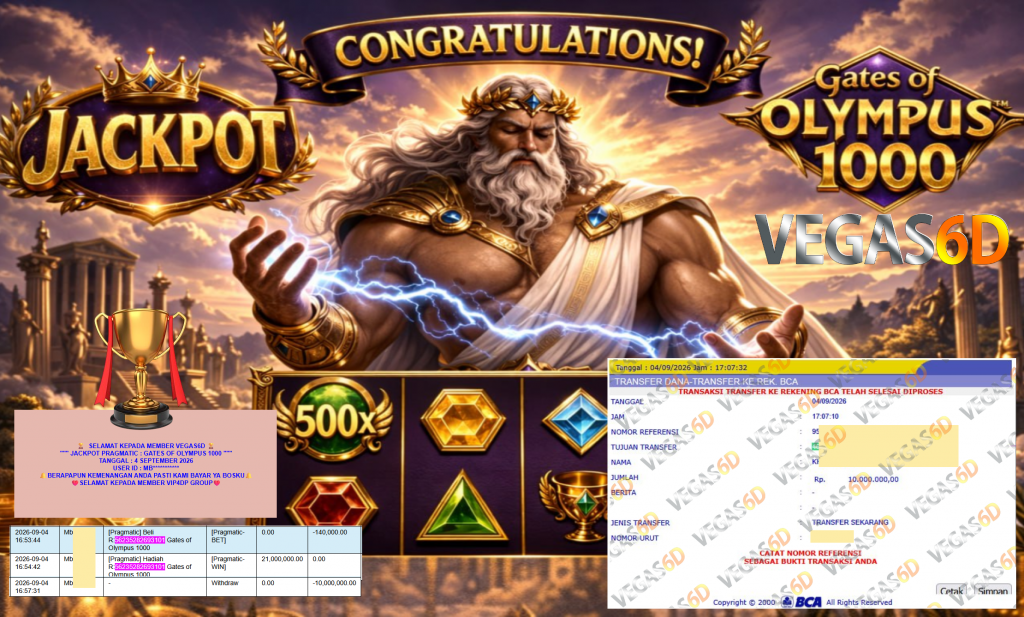 VEGAS6D JACKPOT PRAGMATIC ” GATES OF OLYMPUS 1000 ” Rp10.000.000,- LUNAS