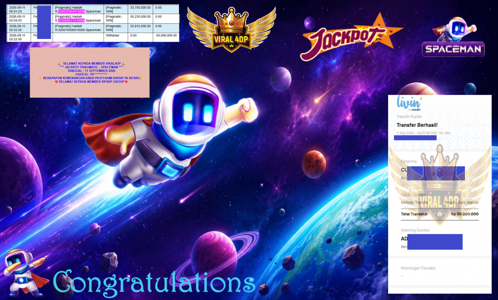 VIRAL4DP JACKPOT PRAGMATIC ” SPACEMAN ” Rp50.000.000,- LUNAS